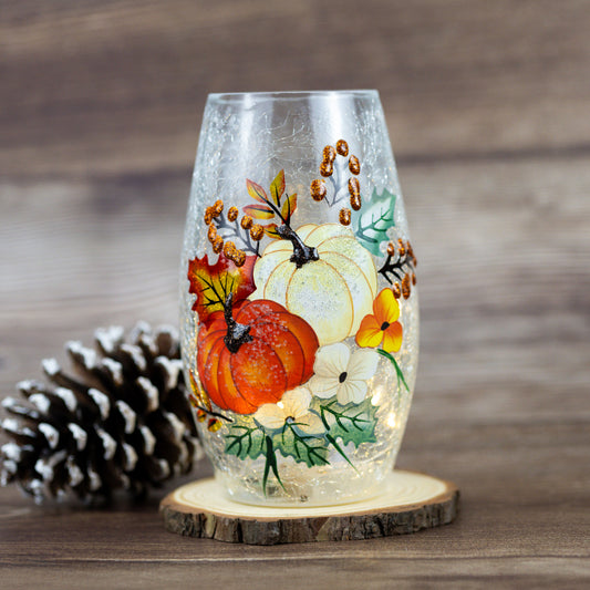 Floral Pumpkin - Crackle Glass Short Vase - Product Image by A Cheerful Giver