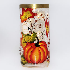 Pumpkins & Leaves - Crackle Glass Pillar
