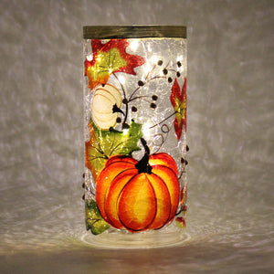 Pumpkins & Leaves - Crackle Glass Pillar