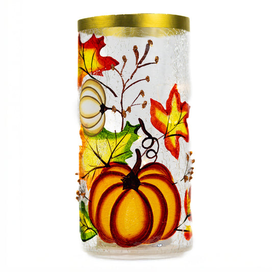 Pumpkins & Leaves - Crackle Glass Pillar