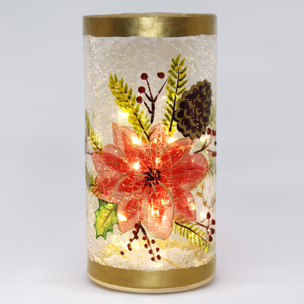 Golden Pointsettia Pillar - Crackle Glass Pillar