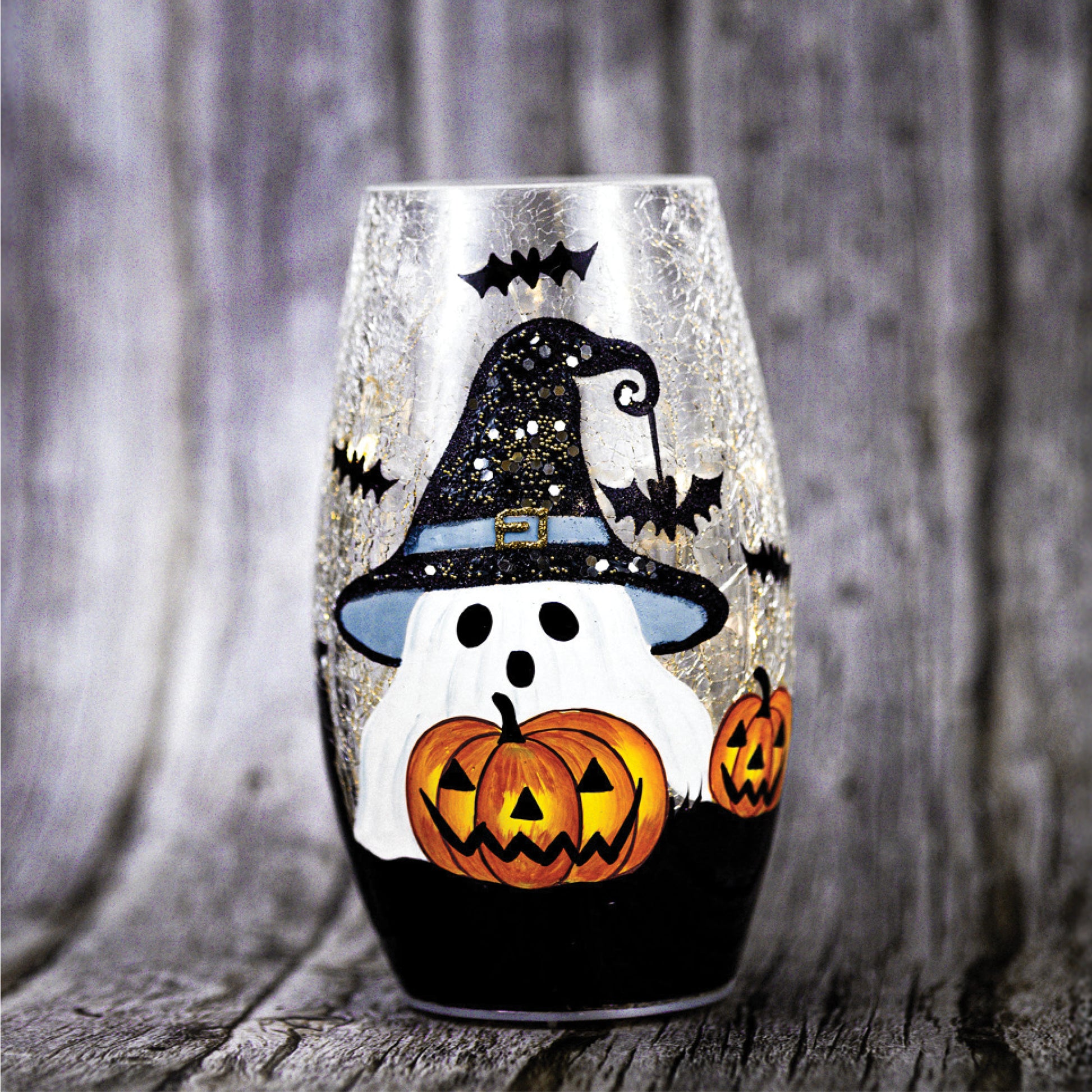 Boo & Pumpkin - Crackle Glass Short Vase - Product Image by A Cheerful Giver