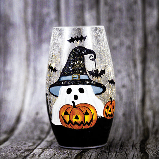 Boo & Pumpkin - Crackle Glass Short Vase - Product Image by A Cheerful Giver