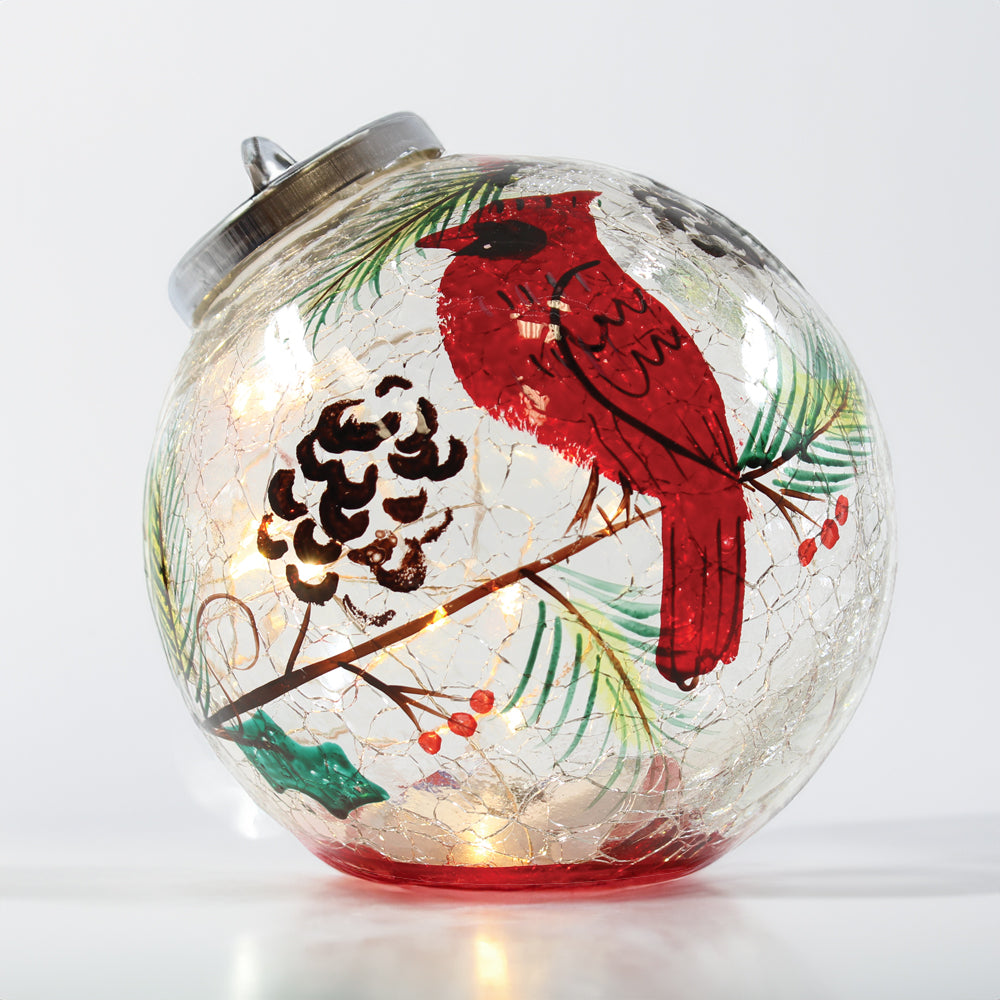 Cardinal & Pinecone- Crackle Glass Ornament