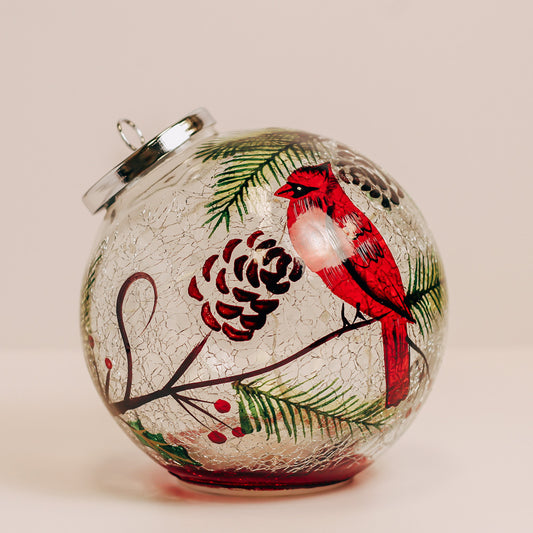 Cardinal & Pinecone - Crackle Glass Ornament