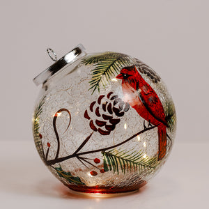 Cardinal & Pinecone - Crackle Glass Ornament