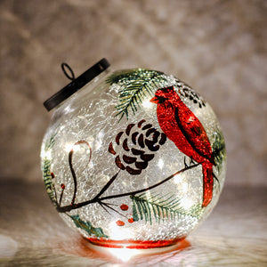 Cardinal & Pinecone - Crackle Glass Ornament