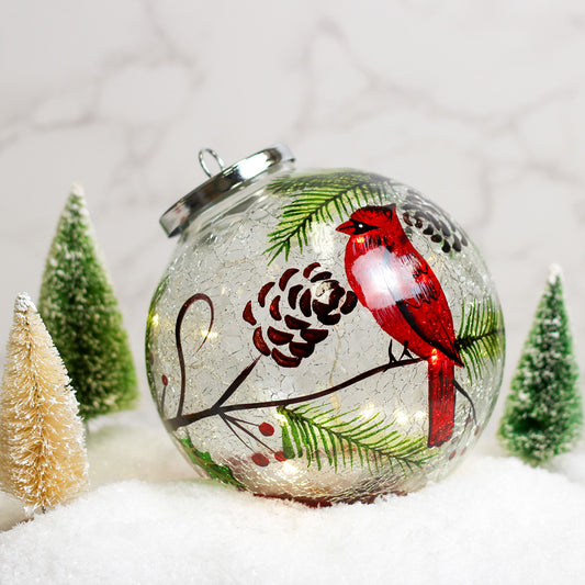 Cardinal & Pinecone - Crackle Glass Ornament