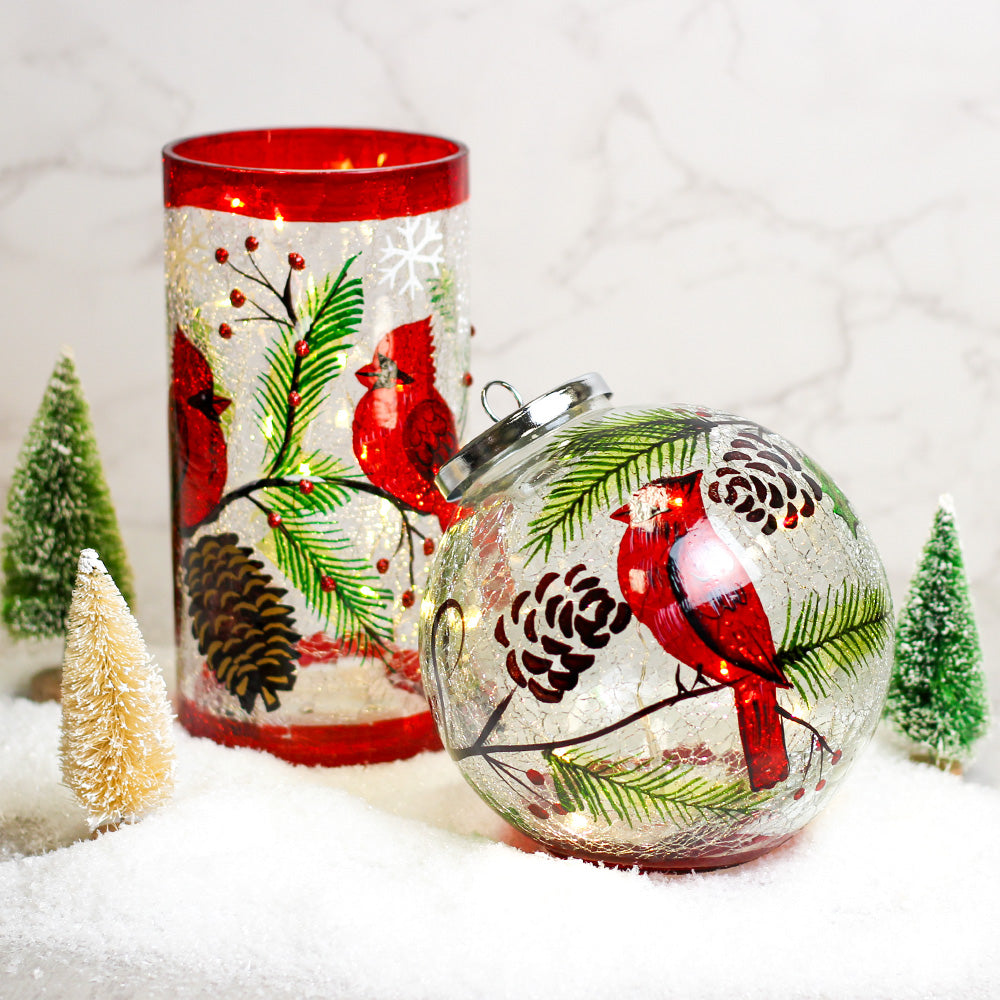 Cardinal & Pinecone - Crackle Glass Ornament