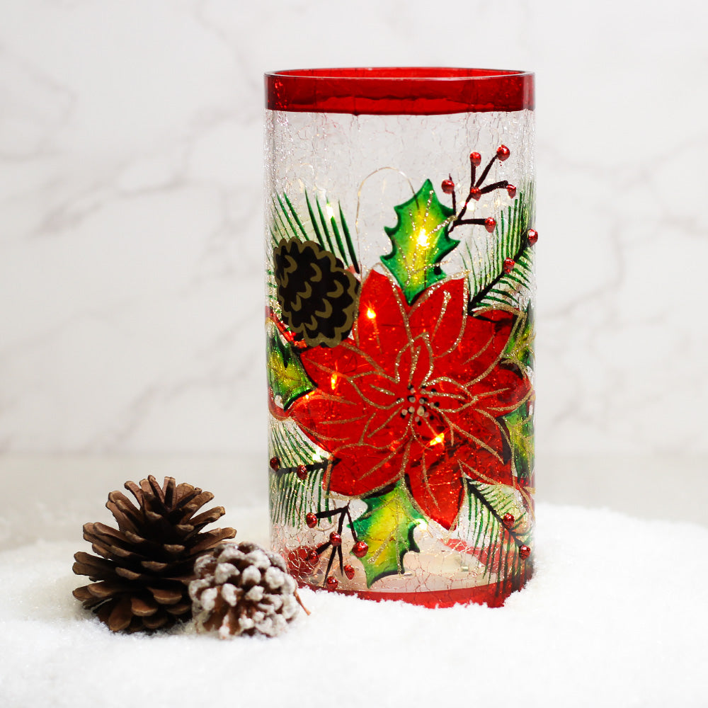 Poinsettia - Crackle Glass Pillar