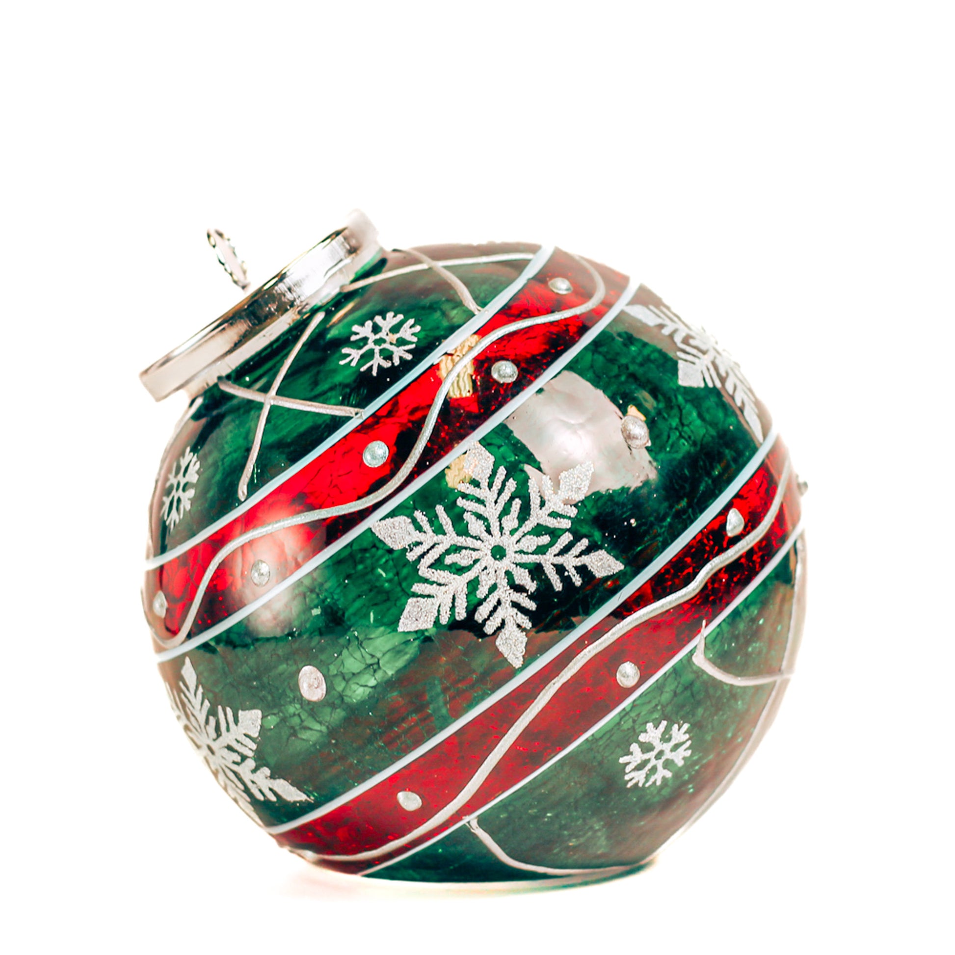 Green Striped Snowflake - Crackle Glass Ornament