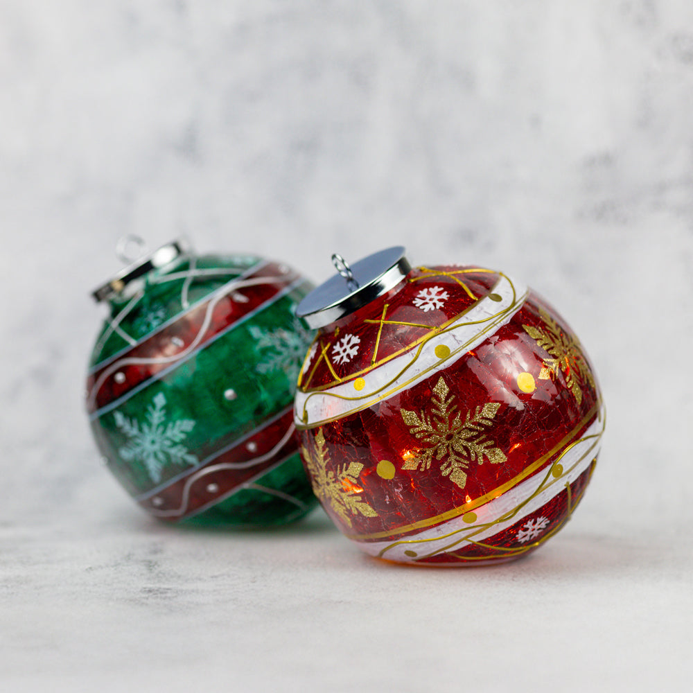 Green Striped Snowflake - Crackle Glass Ornament
