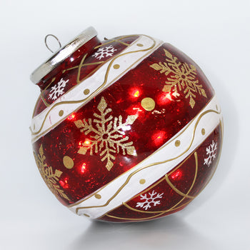 Red Striped Snowflake - Crackle Glass Ornament
