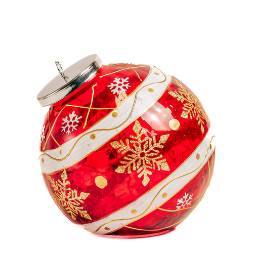 Red Striped Snowflake - Crackle Glass Ornament