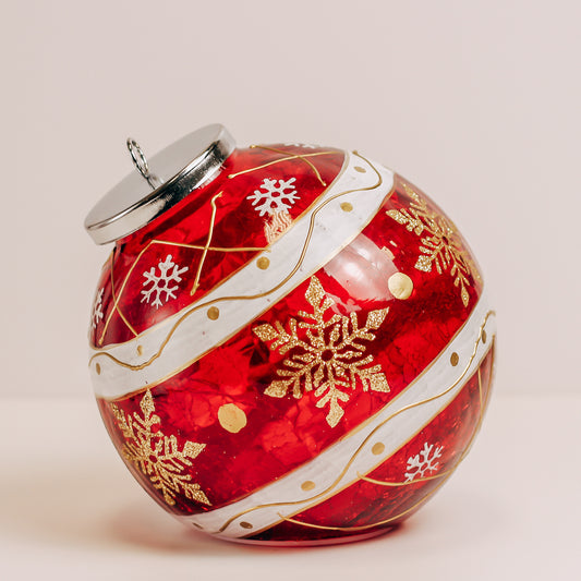 Red Striped Snowflake - Crackle Glass Ornament