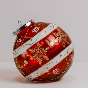 Red Striped Snowflake - Crackle Glass Ornament