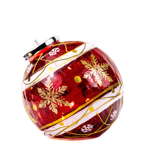 Red Striped Snowflake - Crackle Glass Ornament