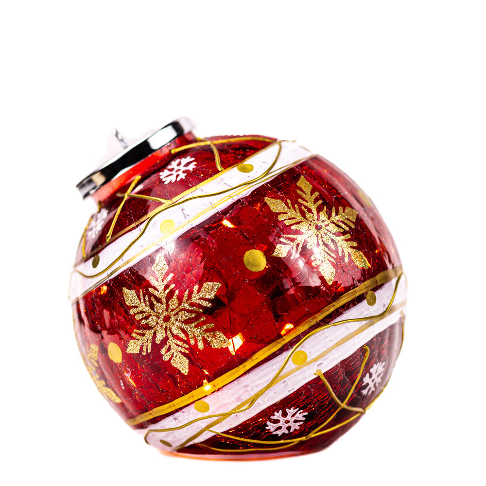 Red Striped Snowflake - Crackle Glass Ornament