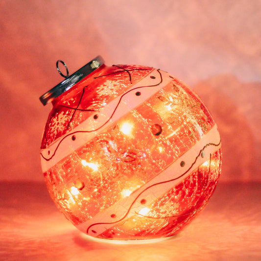 Red Striped Snowflake - Crackle Glass Ornament