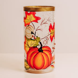 Pumpkins & Leaves - Crackle Glass Pillar