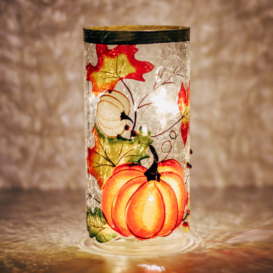 Pumpkins & Leaves - Crackle Glass Pillar