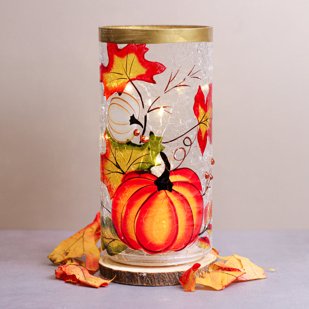 Pumpkins & Leaves - Crackle Glass Pillar