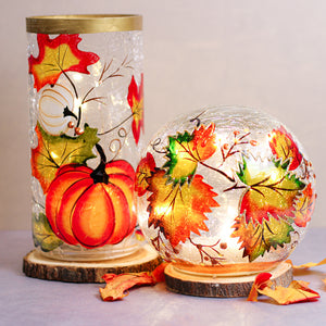 Pumpkins & Leaves - Crackle Glass Pillar