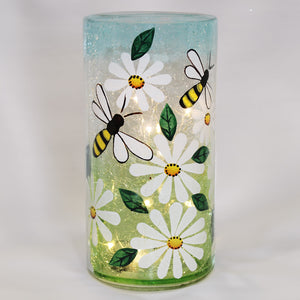 Blue Bumble Bees - Crackle Glass Pillar