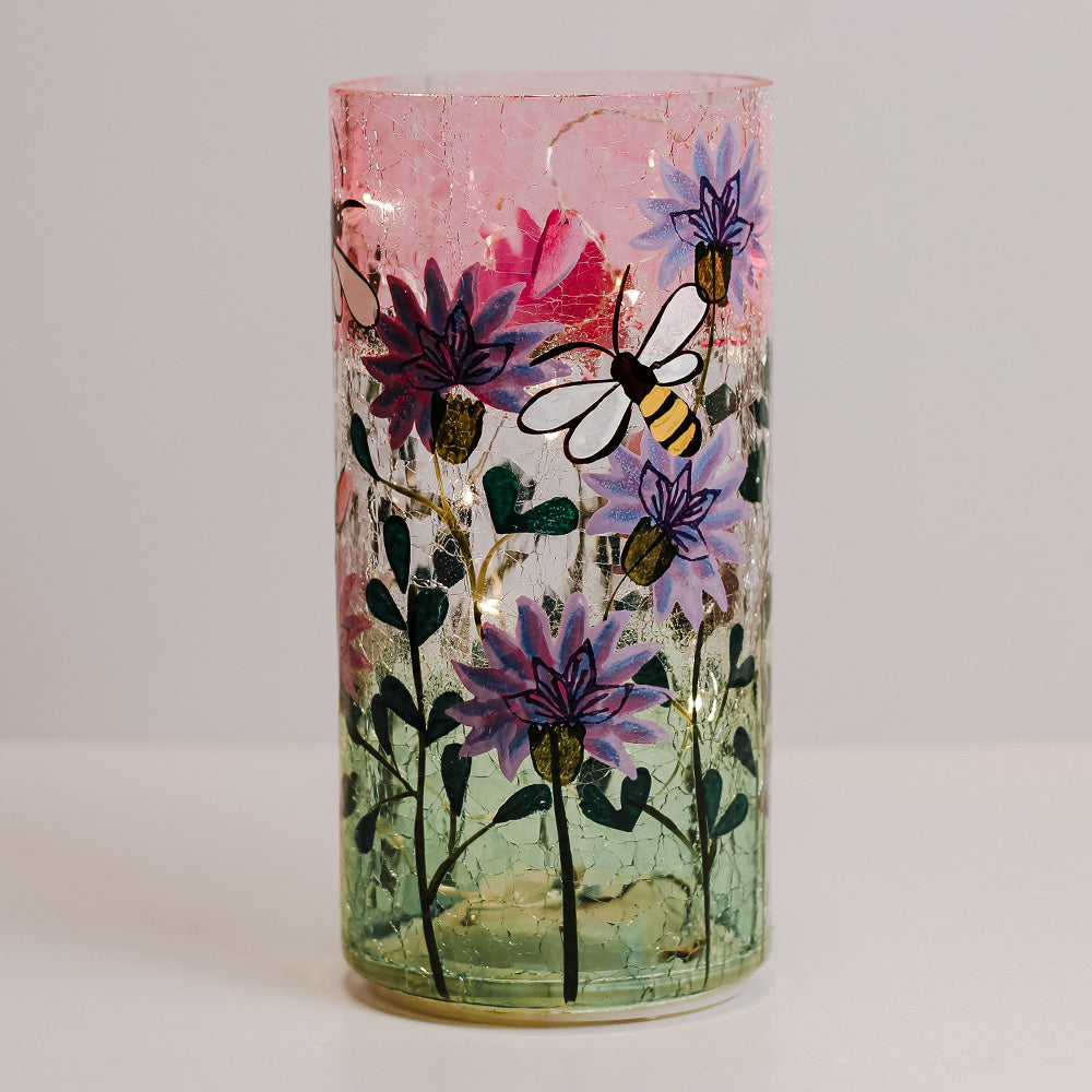 Purple Bumble Bees - Crackle Glass Pillar