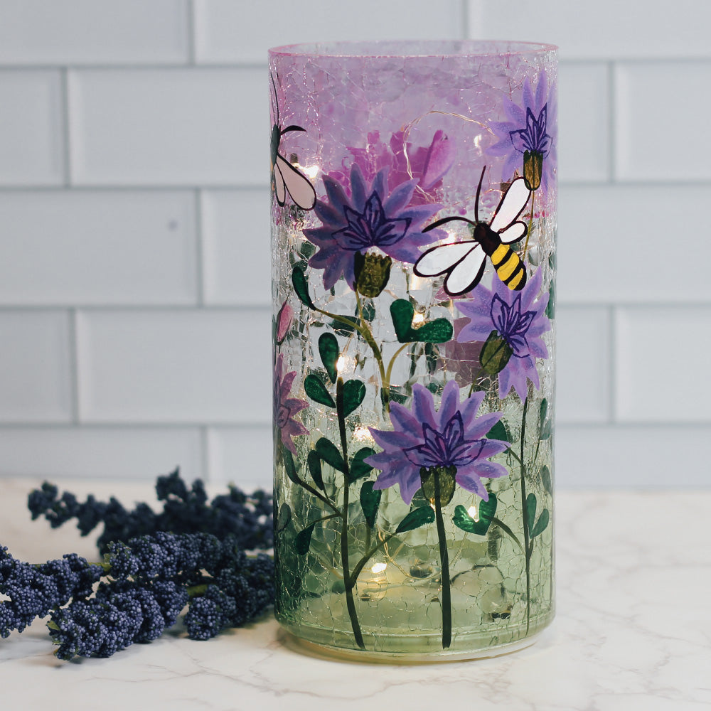 Purple Bumble Bees - Crackle Glass Pillar