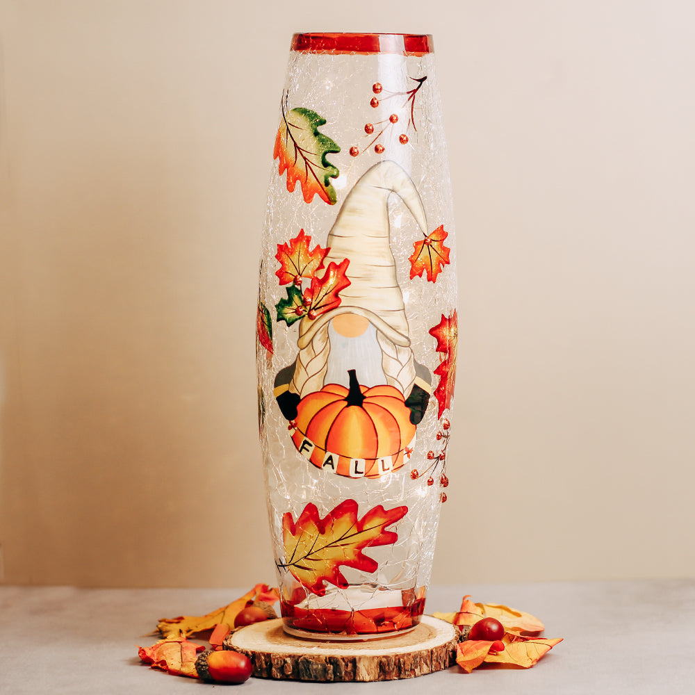 Fall Gnome - Crackle Glass Vase