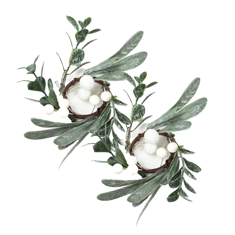 White Berry & Leaves - Taper Candle Rings (Set of 2)