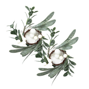 White Berry & Leaves - Taper Candle Rings (Set of 2)