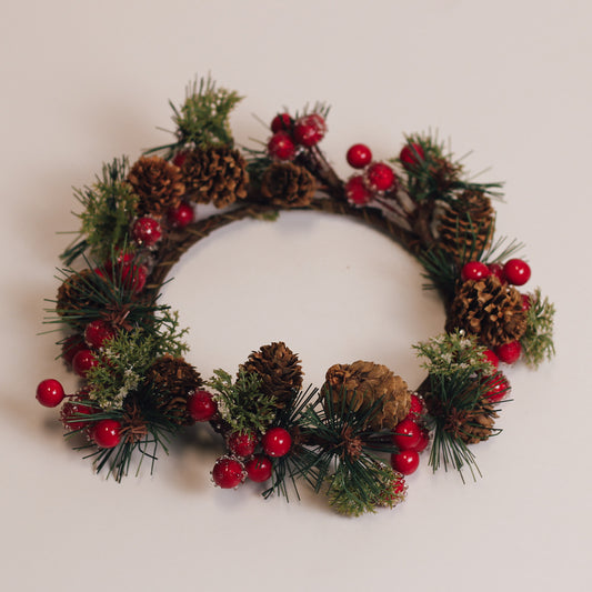 Iced Red Berries & Pinecones - Candle Ring