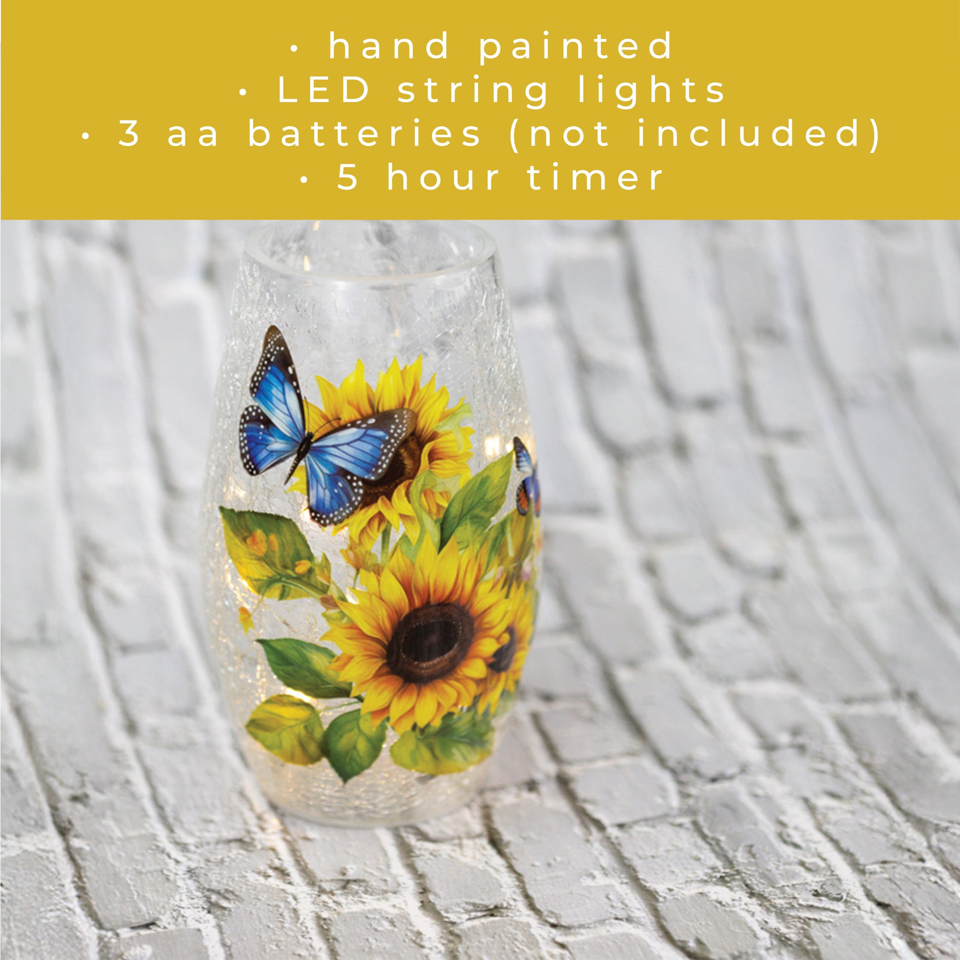 Sunflower & Butterfly - Crackle Glass Short Vase - Product Image by A Cheerful Giver