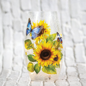 Sunflower & Butterfly - Crackle Glass Short Vase - Product Image by A Cheerful Giver