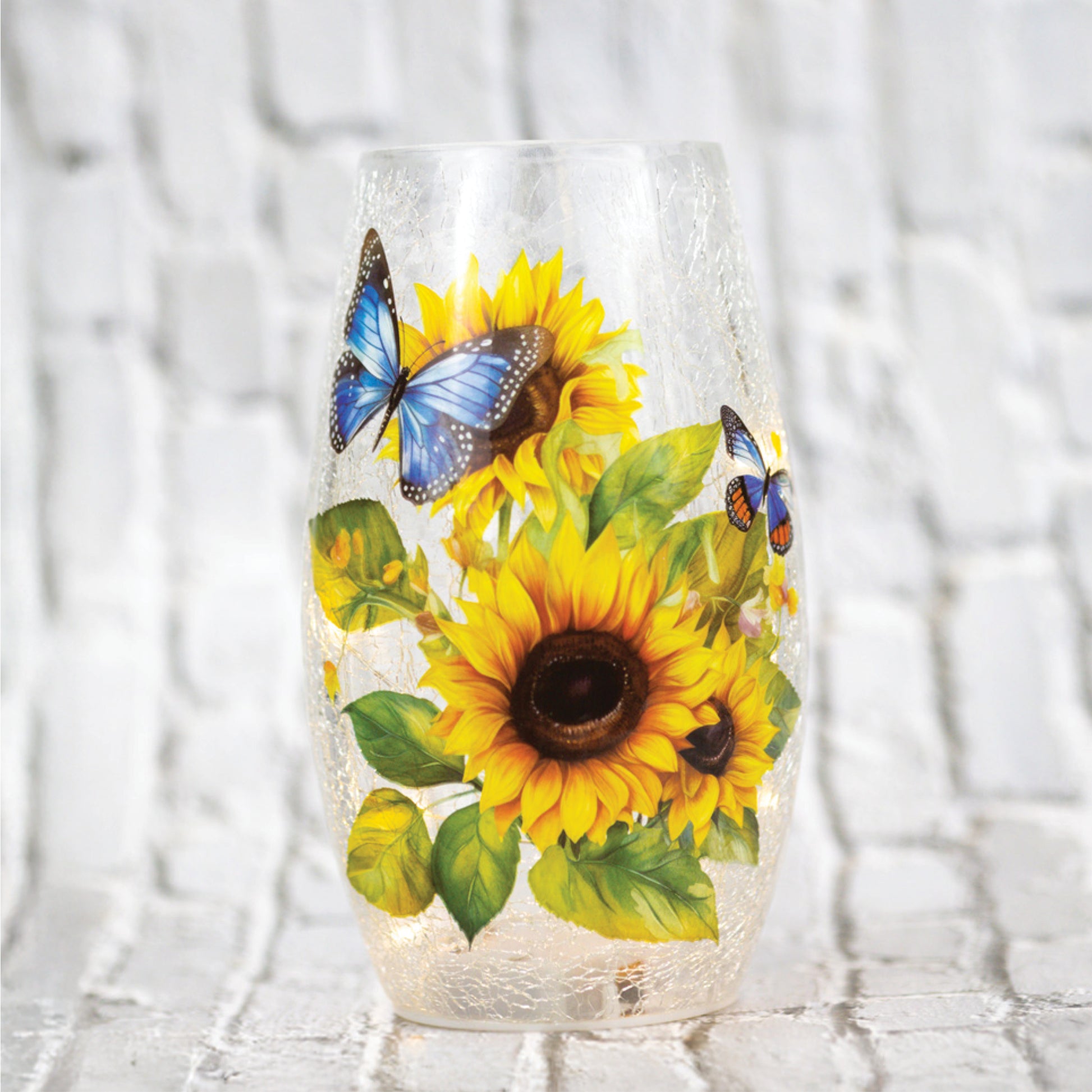 Sunflower & Butterfly - Crackle Glass Short Vase - Product Image by A Cheerful Giver