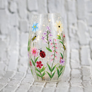 Wildflower & Bee - Crackle Glass Short Vase - Product Image by A Cheerful Giver
