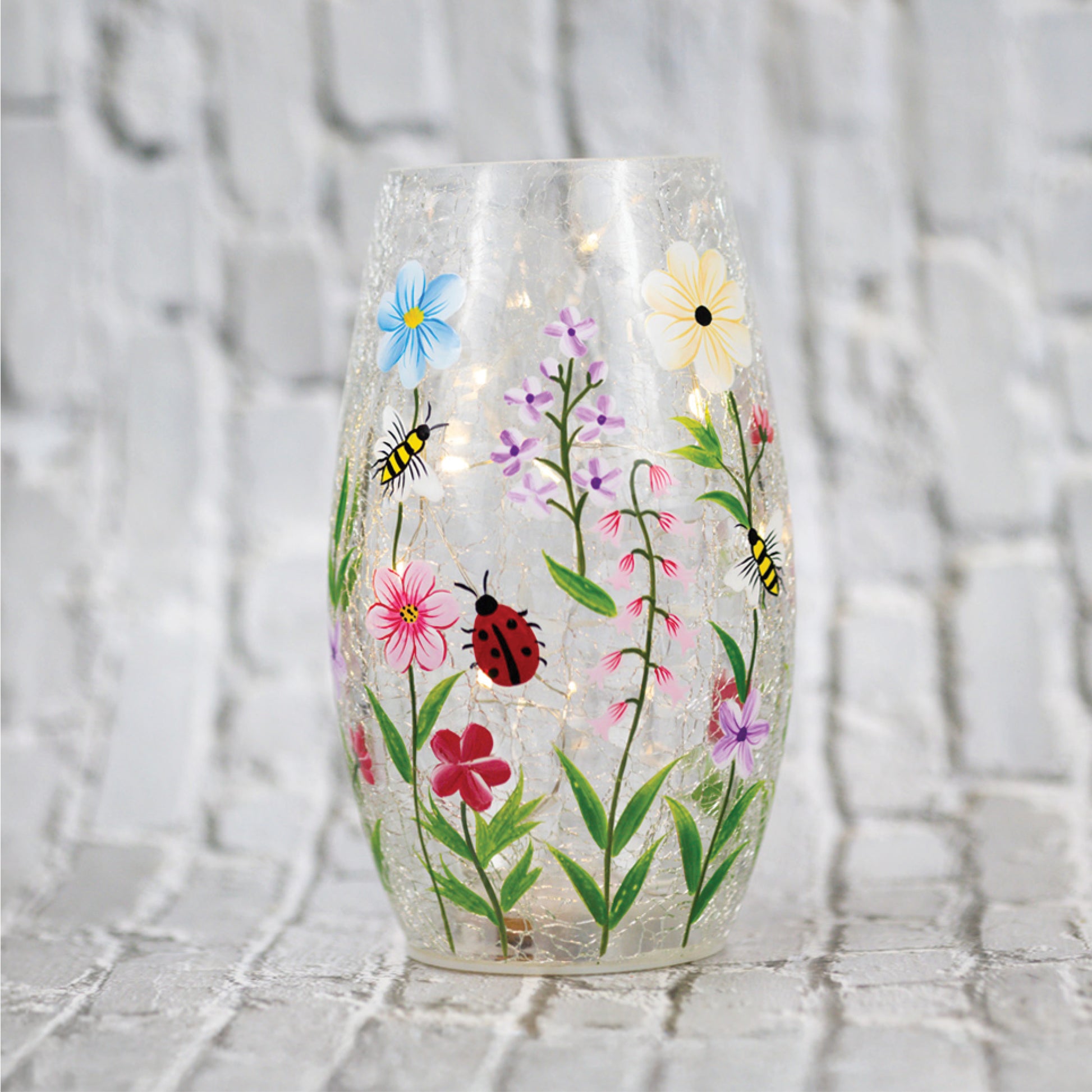 Wildflower & Bee - Crackle Glass Short Vase - Product Image by A Cheerful Giver