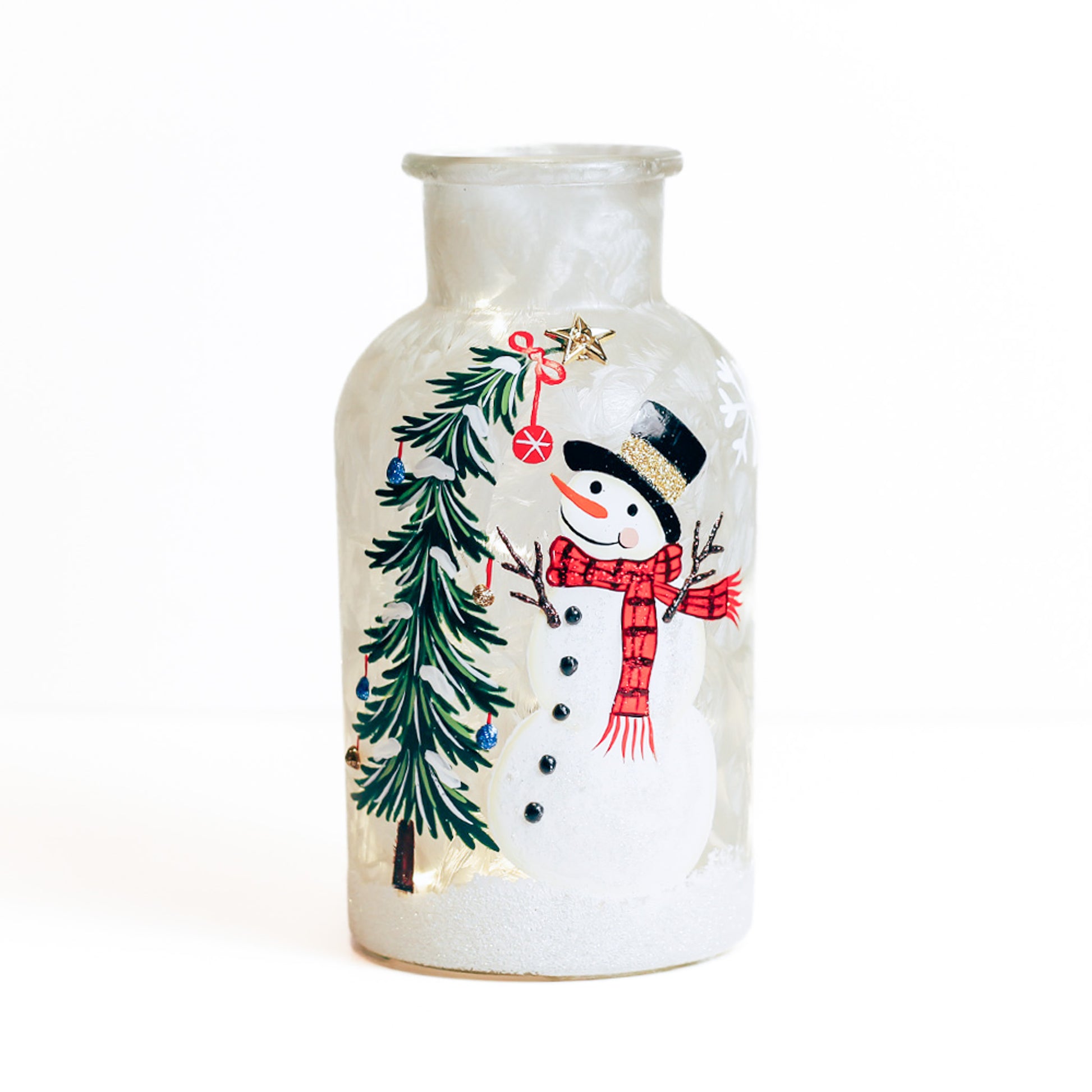 Snowman & Tree - Crackle Glass Bottle