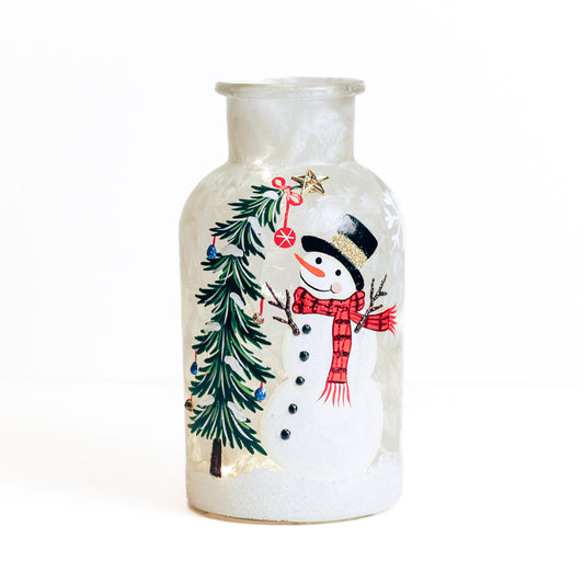 Snowman & Tree - Crackle Glass Bottle