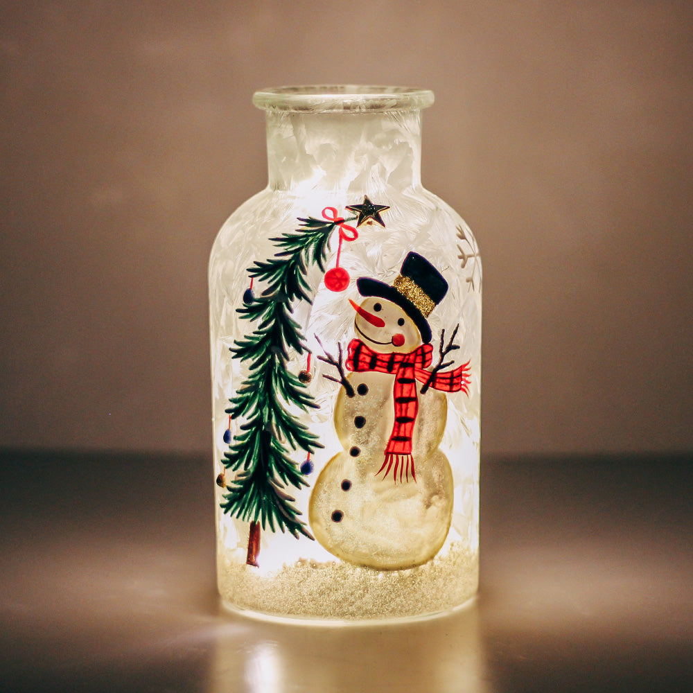 Snowman & Tree - Crackle Glass Bottle