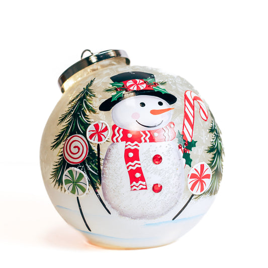Candy Cane Snowman - Crackle Glass Ornament