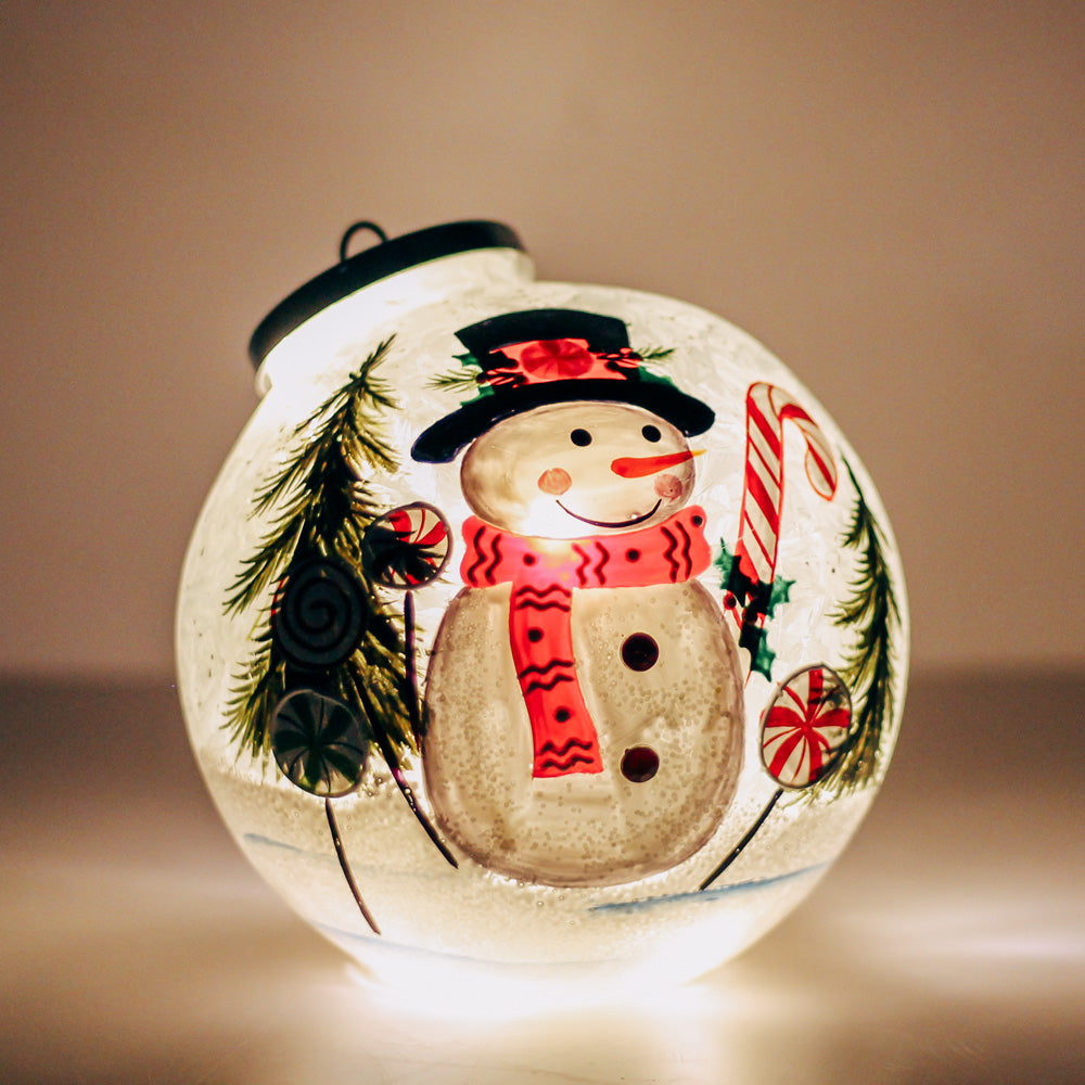 Candy Cane Snowman - Crackle Glass Ornament