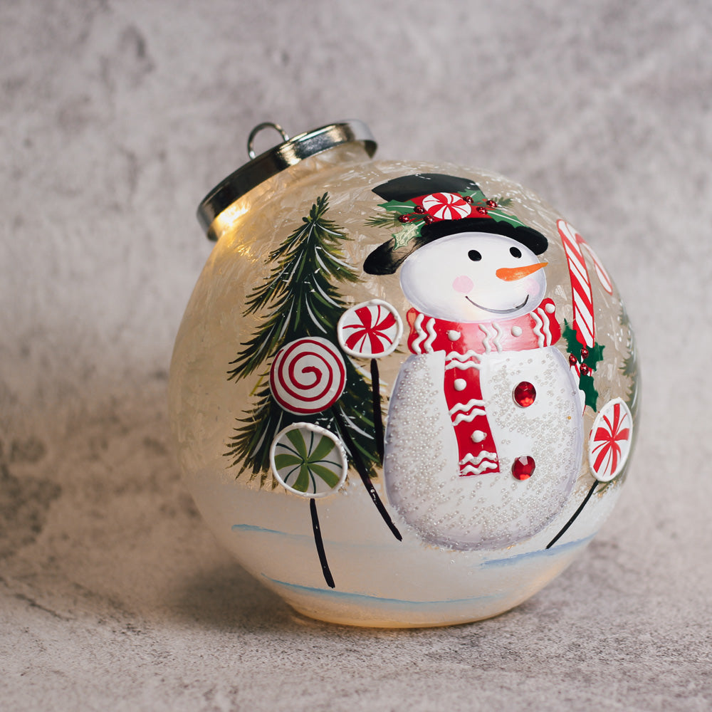 Candy Cane Snowman - Crackle Glass Ornament