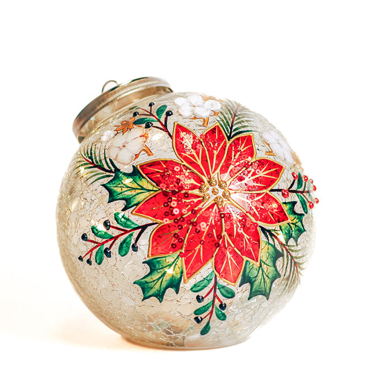 Floral Poinsettia - Crackle Glass Ornament