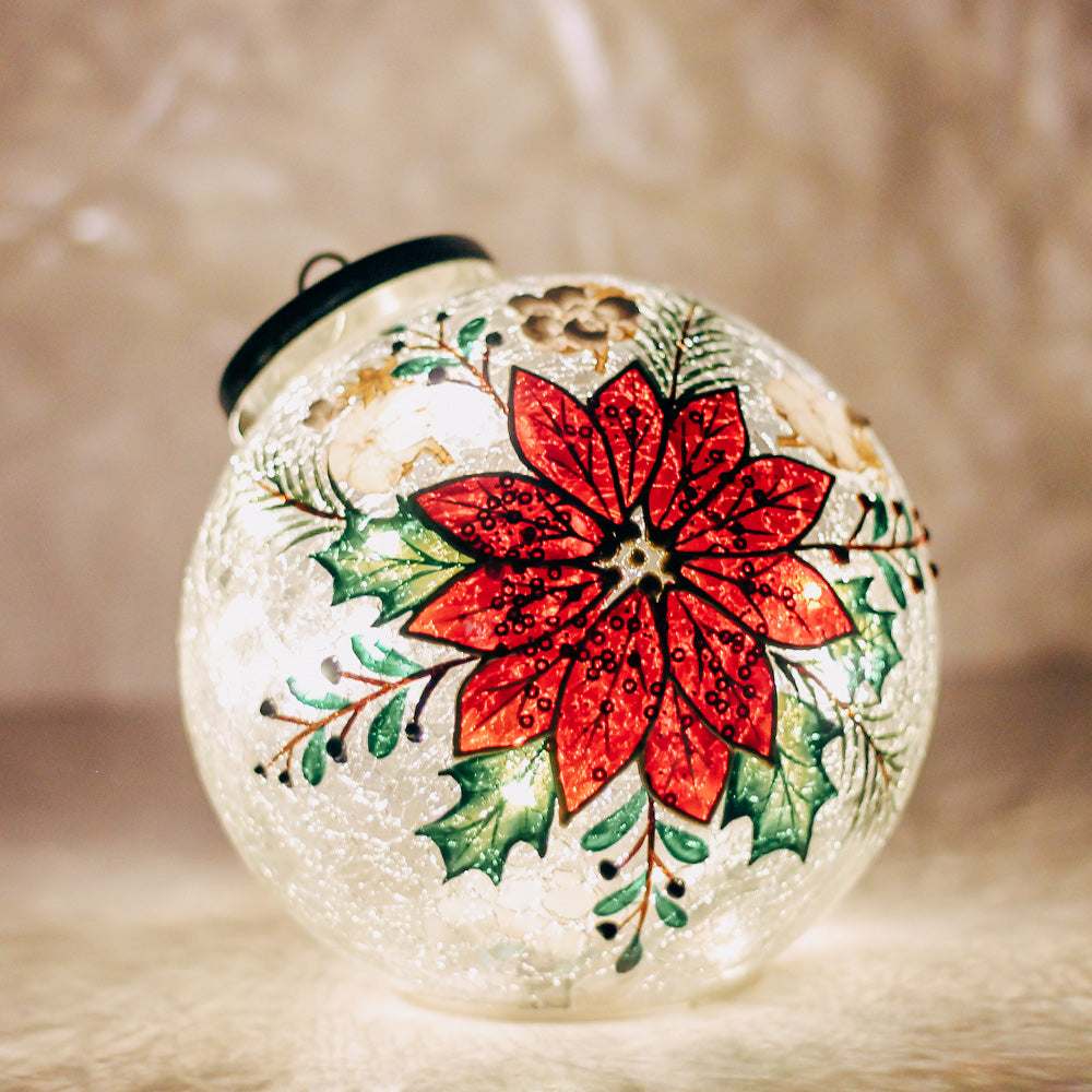Floral Poinsettia - Crackle Glass Ornament