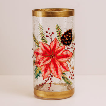 Golden PointsettIa Pillar - Crackle Glass PillarGolden Poinsettia Pillar - Crackle Glass Pillar