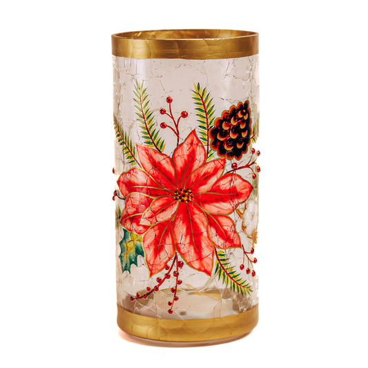 Golden Poinsettia Pillar - Crackle Glass Pillar