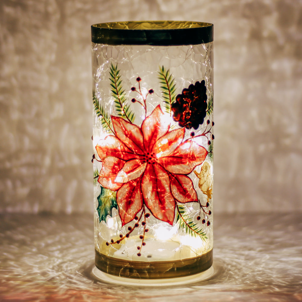 Golden Poinsettia Pillar - Crackle Glass Pillar